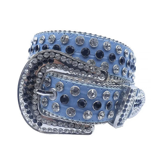 Diamond and Black Rhinestones with Blue Textured Strap Rhinestone Belt-Belts-The Rhinestone Belts