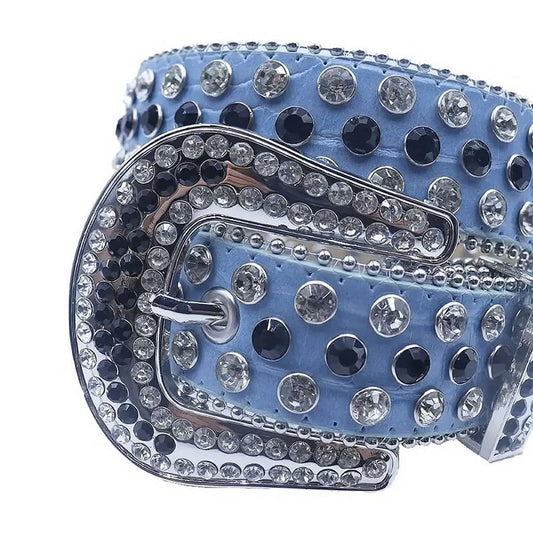 Diamond and Black Rhinestones with Blue Textured Strap Rhinestone Belt-Belts-The Rhinestone Belts