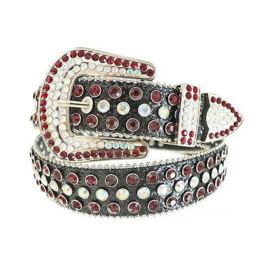 Red and Chromatic Rhinestones with Black Glitter Strap Rhinestone Belt-Belts-The Rhinestone Belts