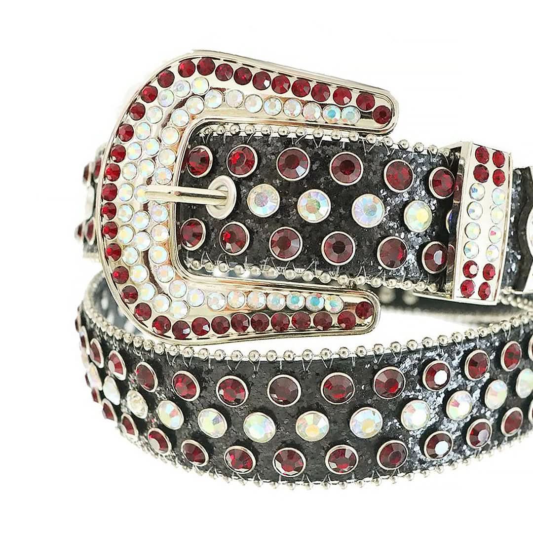 Red and Chromatic Rhinestones with Black Glitter Strap Rhinestone Belt-Belts-The Rhinestone Belts