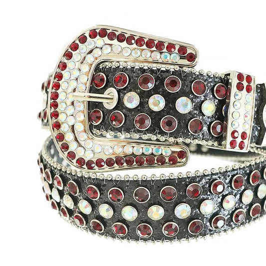 Red and Chromatic Rhinestones with Black Glitter Strap Rhinestone Belt-Belts-The Rhinestone Belts
