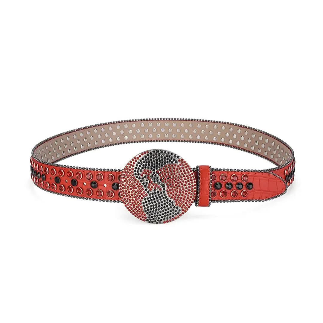 Globe Buckle with Red and Black Studs Rhinestone Belt-Belts-The Rhinestone Belts