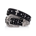 Engraved Buckle Cross Black Strap with Crystal Studs Rhinestone Belt-Belts-The Rhinestone Belts