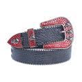Red Rhinestones with Black Textured Strap and Skull Buckles Rhinestone Belt-Belts-The Rhinestone Belts