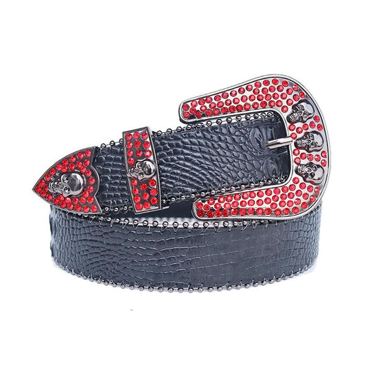 Red Rhinestones with Black Textured Strap and Skull Buckles Rhinestone Belt-Belts-The Rhinestone Belts