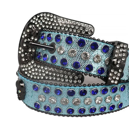 Blue and Clear Rhinestones with Skull Studs on Sky Strap Rhinestone Belt-Belts-The Rhinestone Belts
