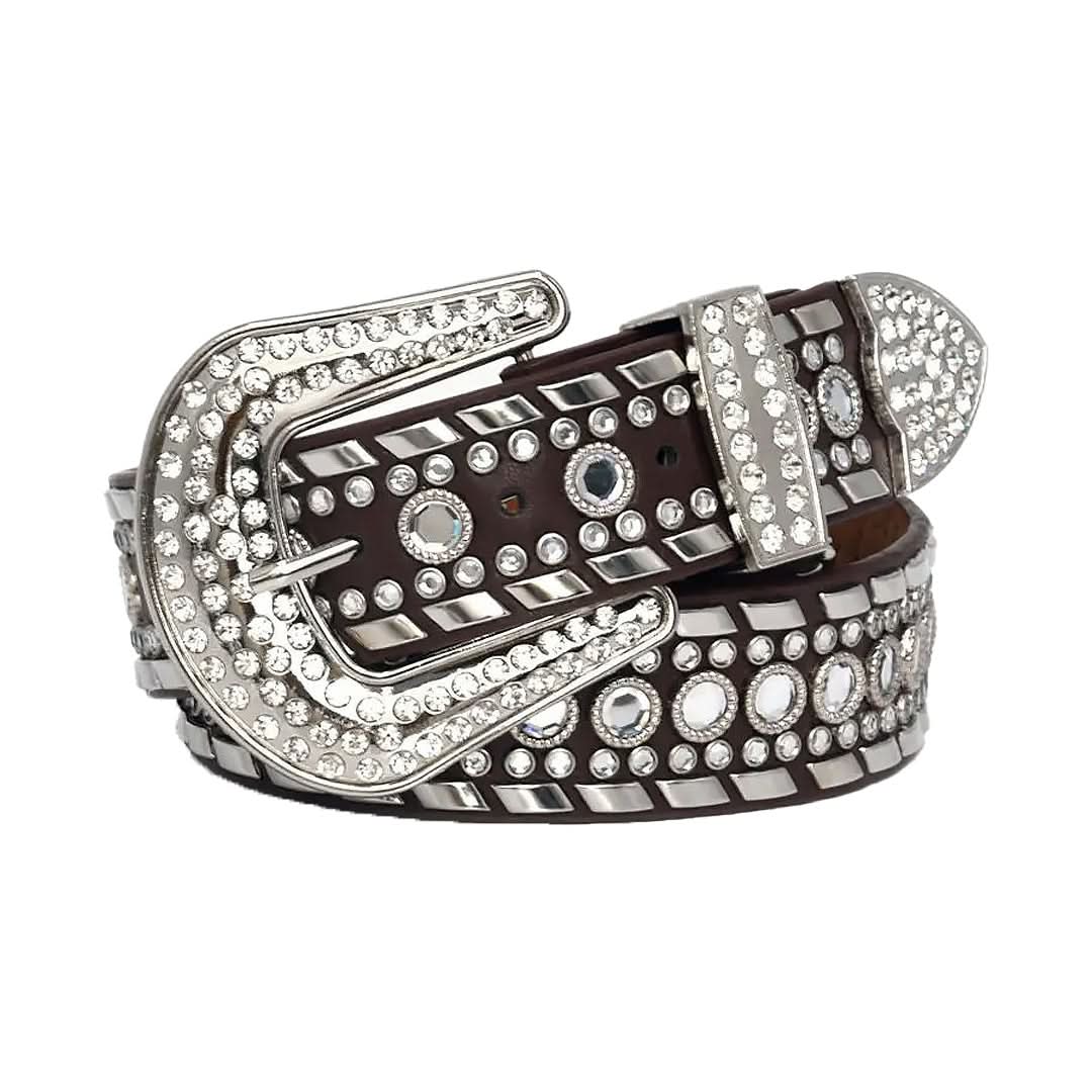 Diamond Rhinestones and Silver Studs with Dark Brown Strap Rhinestone Belt-Belts-The Rhinestone Belts