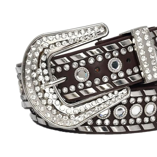 Diamond Rhinestones and Silver Studs with Dark Brown Strap Rhinestone Belt-Belts-The Rhinestone Belts