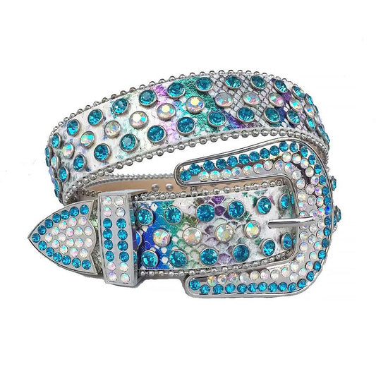 Aqua and Chromatic Design with White Snake Texture Strap Rhinestone Belt-Belts-The Rhinestone Belts