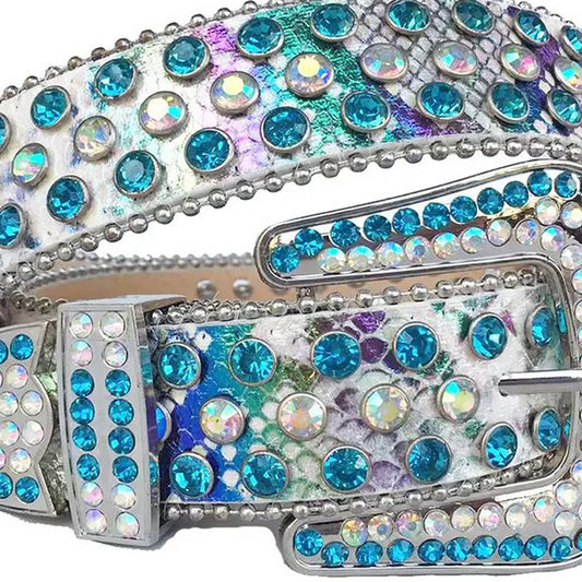 Aqua and Chromatic Design with White Snake Texture Strap Rhinestone Belt-Belts-The Rhinestone Belts