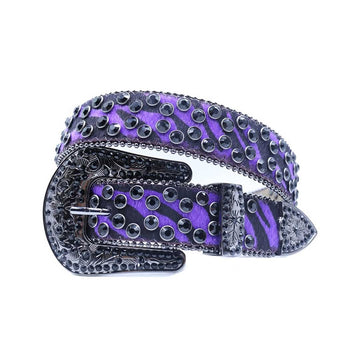 Engraved Buckle Purple Patterned Strap with Black Studs Rhinestone Belt-Belts-The Rhinestone Belts