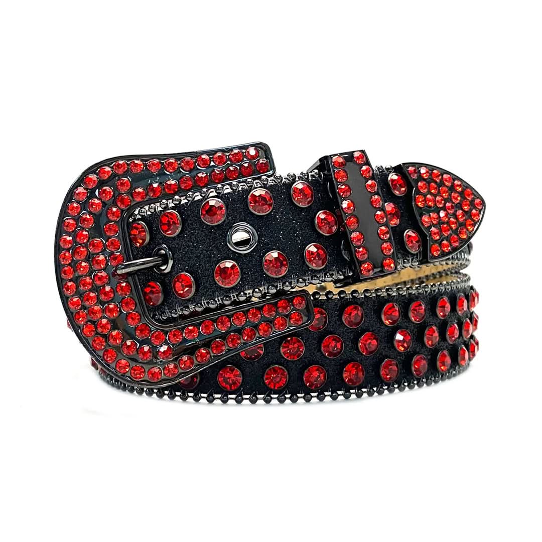 Black Strap with Red Studs Rhinestone Belt-Belts-The Rhinestone Belts