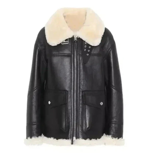 Women's Black Ivory Faux Shearling Aviator Leather Jacket-Women Shearling Jacket-Wayne Leather Jackets