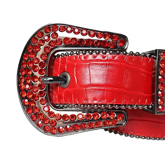 Red Rhinestones with Red Textured Strap and Black Buckle Rhinestone Belt-Belts-The Rhinestone Belts