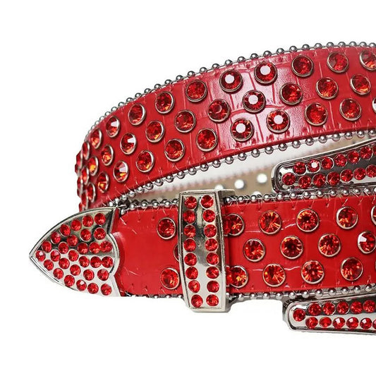 Red Rhinestones with Red Textured Strap and Silver Buckle Rhinestone Belt-Belts-The Rhinestone Belts