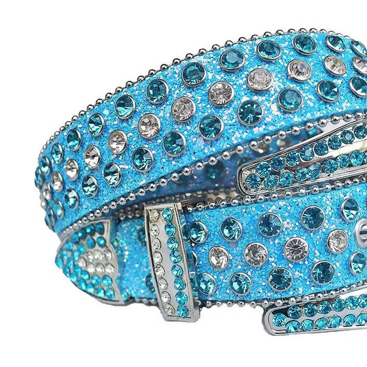 Sky Blue and Clear Rhinestones with Sky Glitter Strap Rhinestone Belt-Belts-The Rhinestone Belts
