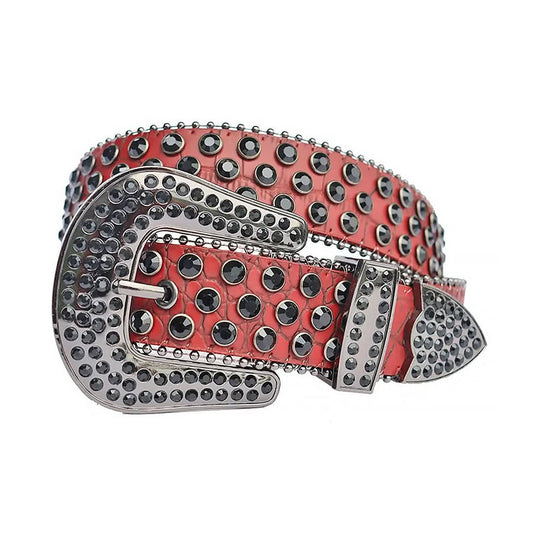 Black Rhinestone with Red Snake Texture Strap Rhinestone Belt-Belts-The Rhinestone Belts