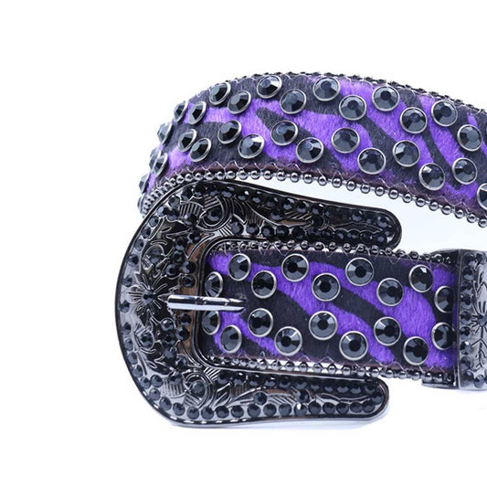 Engraved Buckle Purple Patterned Strap with Black Studs Rhinestone Belt-Belts-The Rhinestone Belts