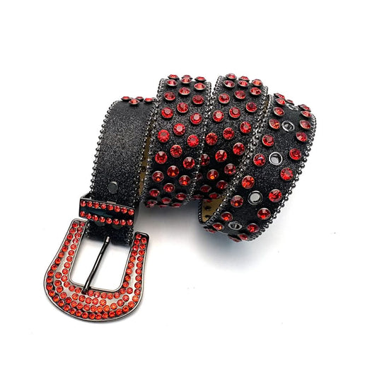 Black Strap with Red Studs Rhinestone Belt-Belts-The Rhinestone Belts