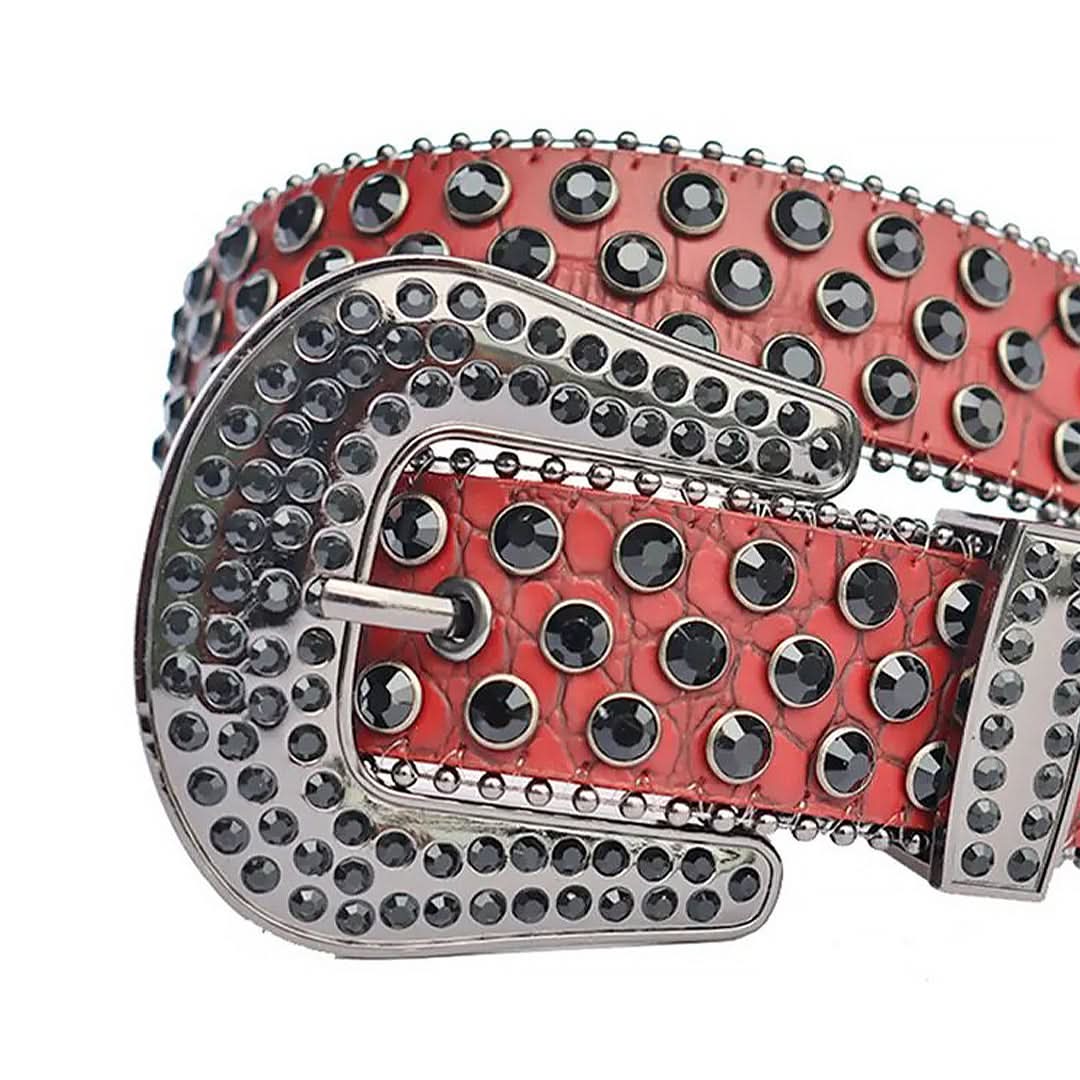 Black Rhinestone with Red Snake Texture Strap Rhinestone Belt-Belts-The Rhinestone Belts