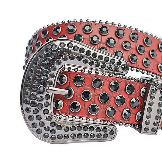 Black Rhinestone with Red Snake Texture Strap Rhinestone Belt-Belts-The Rhinestone Belts