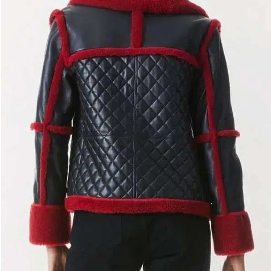 Women's Black Leather and Red Faux Shearling Aviator Jacket-Women Shearling Jacket-Wayne Leather Jackets