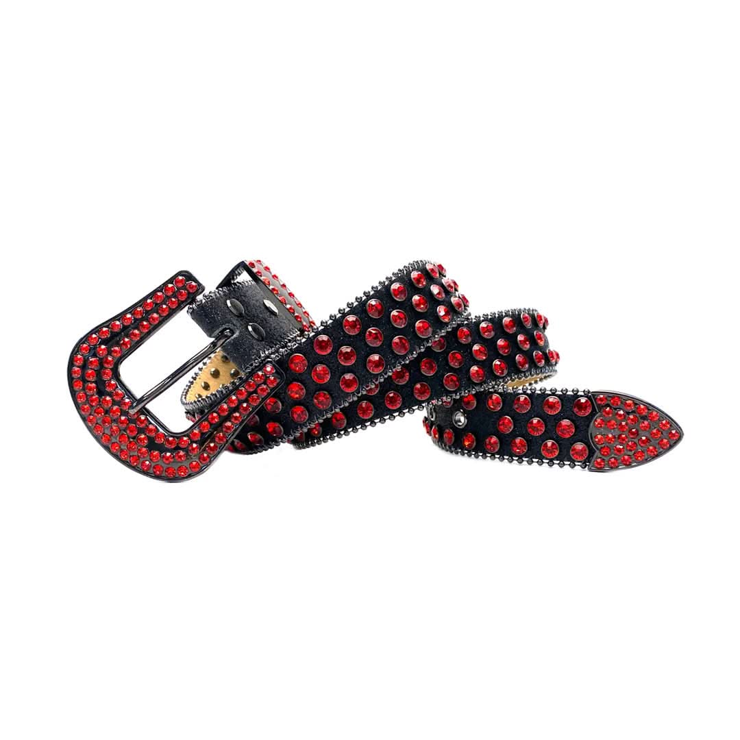 Black Strap with Red Studs Rhinestone Belt-Belts-The Rhinestone Belts