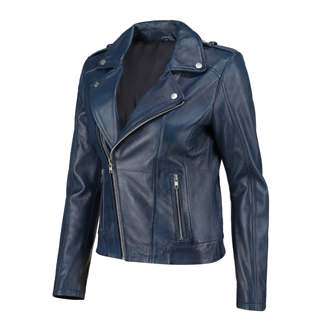 Women's Blue Zip-Up Handwaxed Moto Leather Jacket