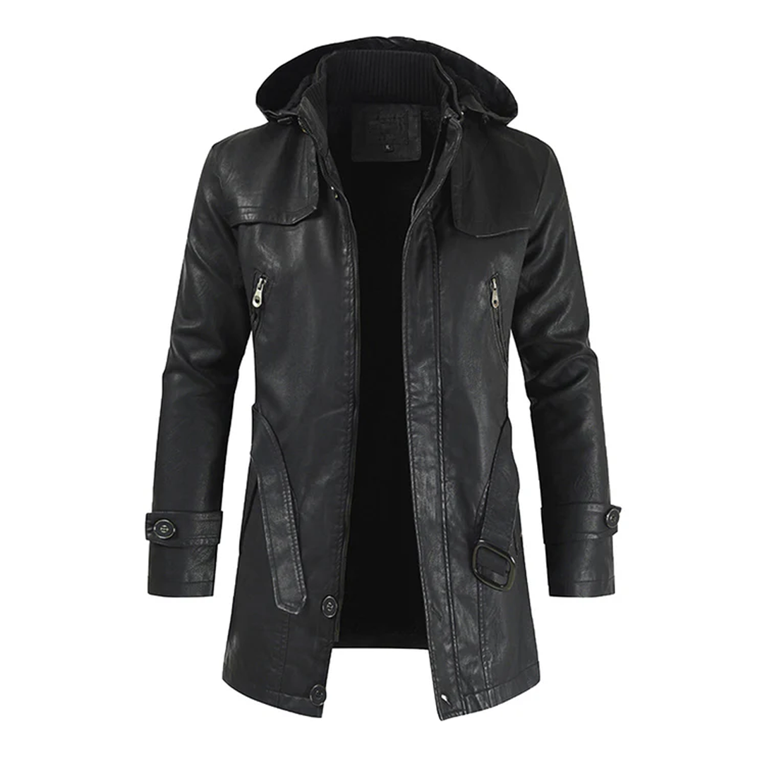 Black Fashion Hooded Long Leather Motorcycle Coat