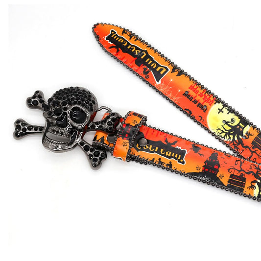Skull Buckle with OrangeStrap for Halloween Rhinestone Belt-Belts-The Rhinestone Belts