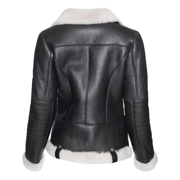 Women's White Faux Fur Merino Shearling Black Leather Jacket-Women Shearling Jacket-Wayne Leather Jackets