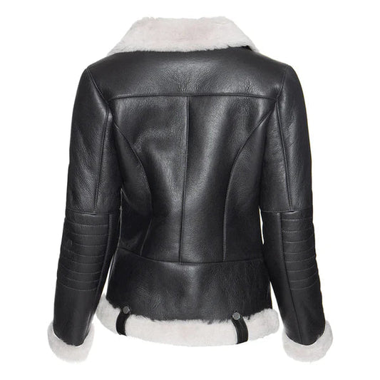 Women's White Faux Fur Merino Shearling Black Leather Jacket-Women Shearling Jacket-Wayne Leather Jackets