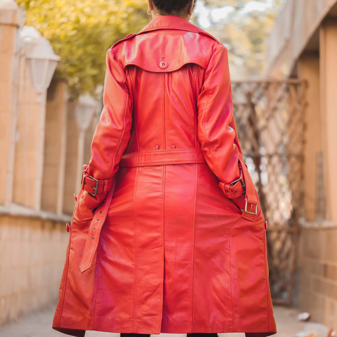 Women's Red Double Breasted Leather Trench Coat