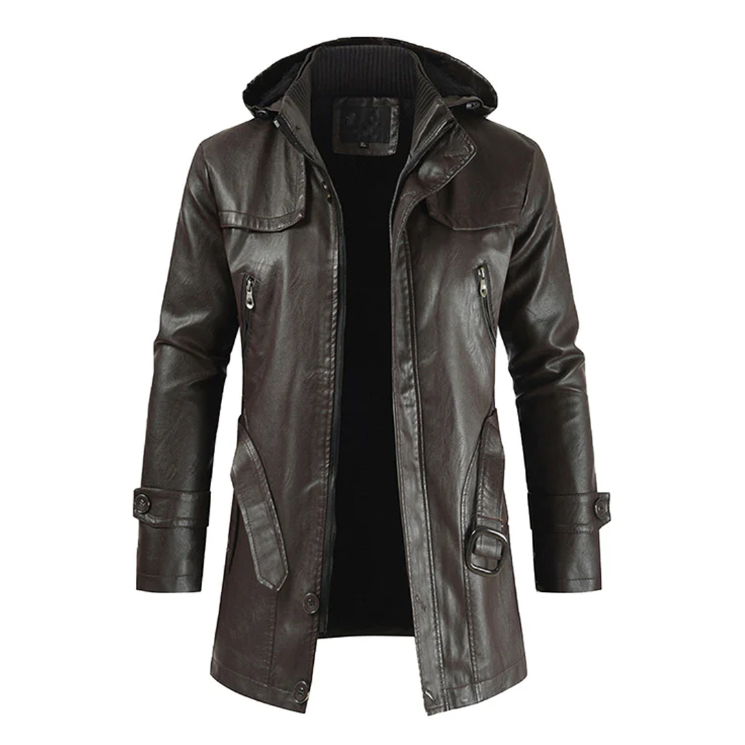 Camel Fashion Hooded Long Leather Motorcycle Coat