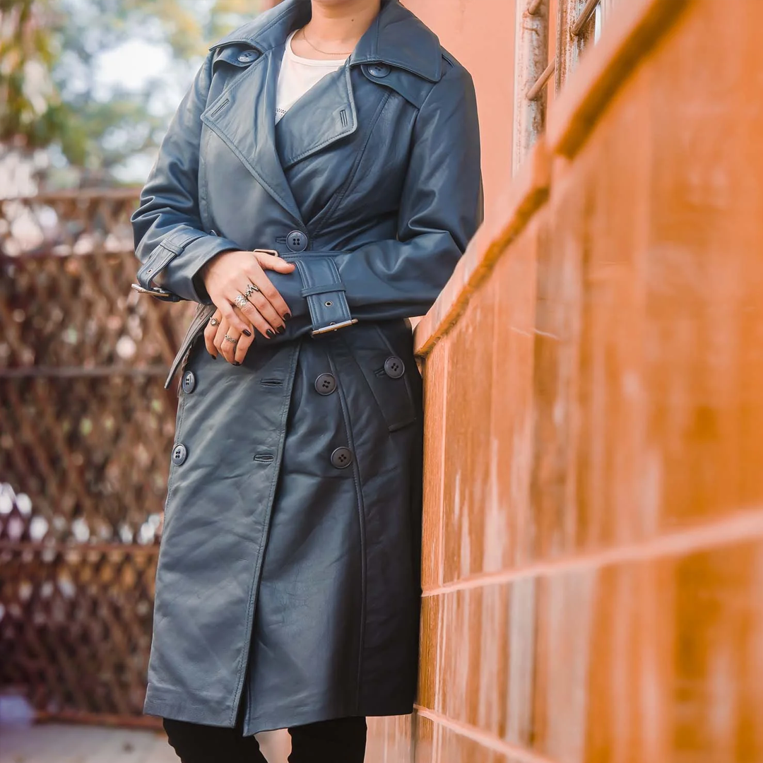 Women's Blue Double Breasted Leather Trench Coat