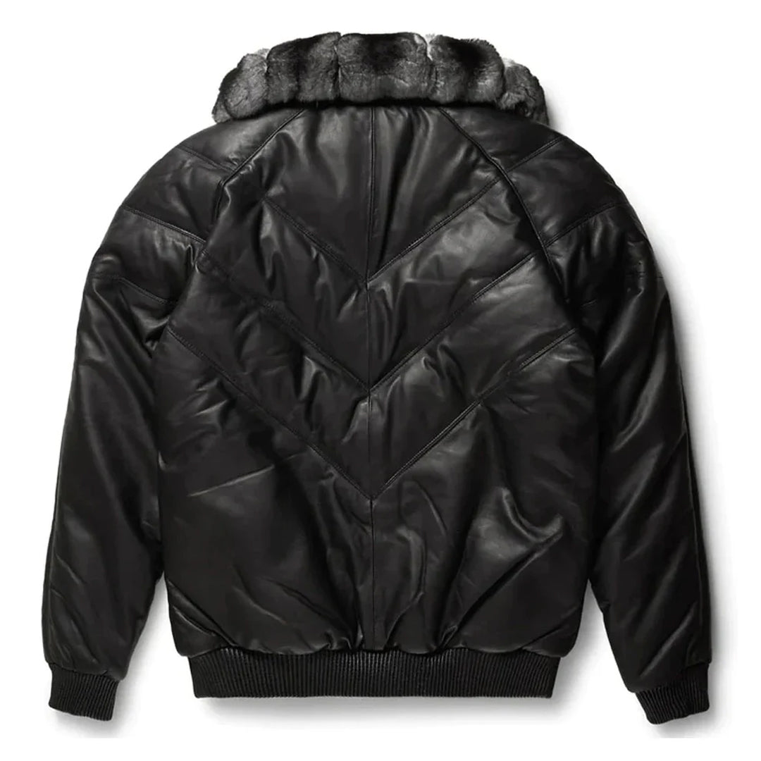 Men's Black V-Bomber Full Fox Collar Leather Jacket