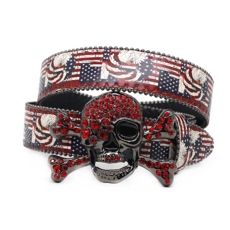 American Flag Skull Buckle with Red Strap Rhinestone Belt-Belts-The Rhinestone Belts