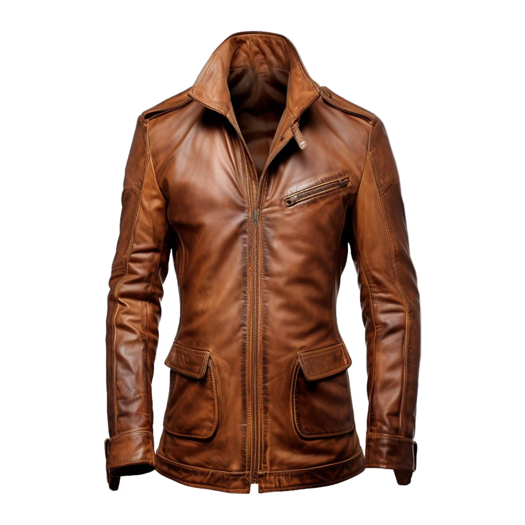 Brown Vintage Stylish Erect Collar Leather Coat