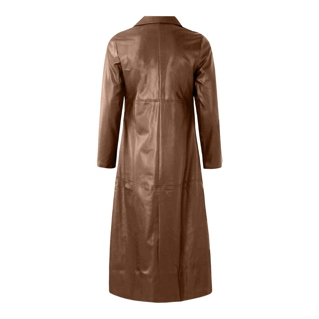 Brown Classic Trench Real Leather Long Motorcycle Coat