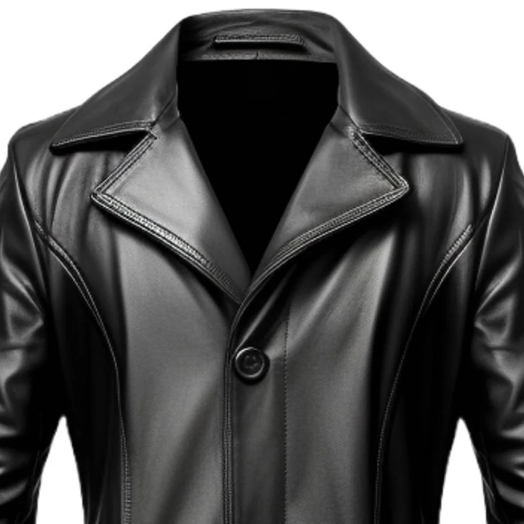 Black Stylish Button Long Leather Coat