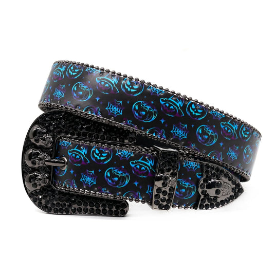 Skull Buckle Halloween Strap with Black Studded Design Rhinestone Belt-Belts-The Rhinestone Belts