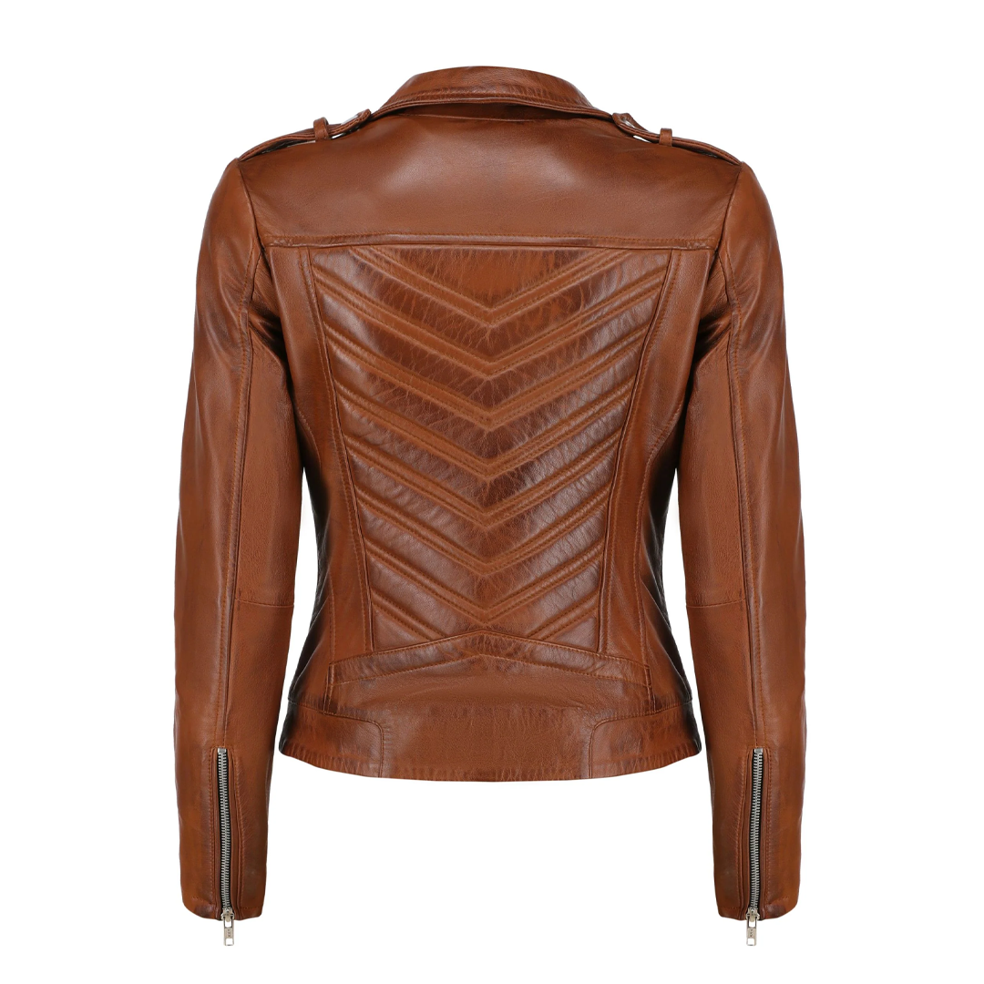 Women's Brown Zip-Up Handwaxed Moto Leather Jacket