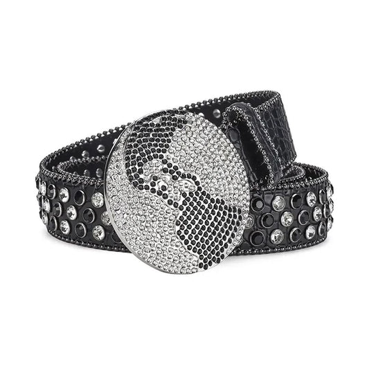 Globe Buckle with Black and Crystal Studs Rhinestone Belt-Belts-The Rhinestone Belts