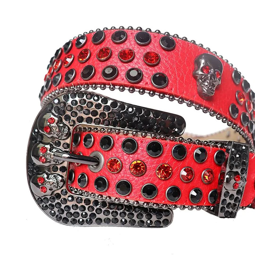 Black and Red Rhinestones with Red Strap and Skull Buckles Rhinestone Belt-Belts-The Rhinestone Belts