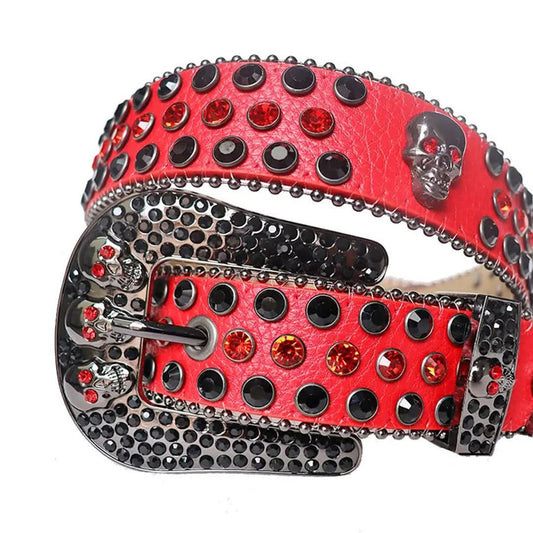 Black and Red Rhinestones with Red Strap and Skull Buckles Rhinestone Belt-Belts-The Rhinestone Belts
