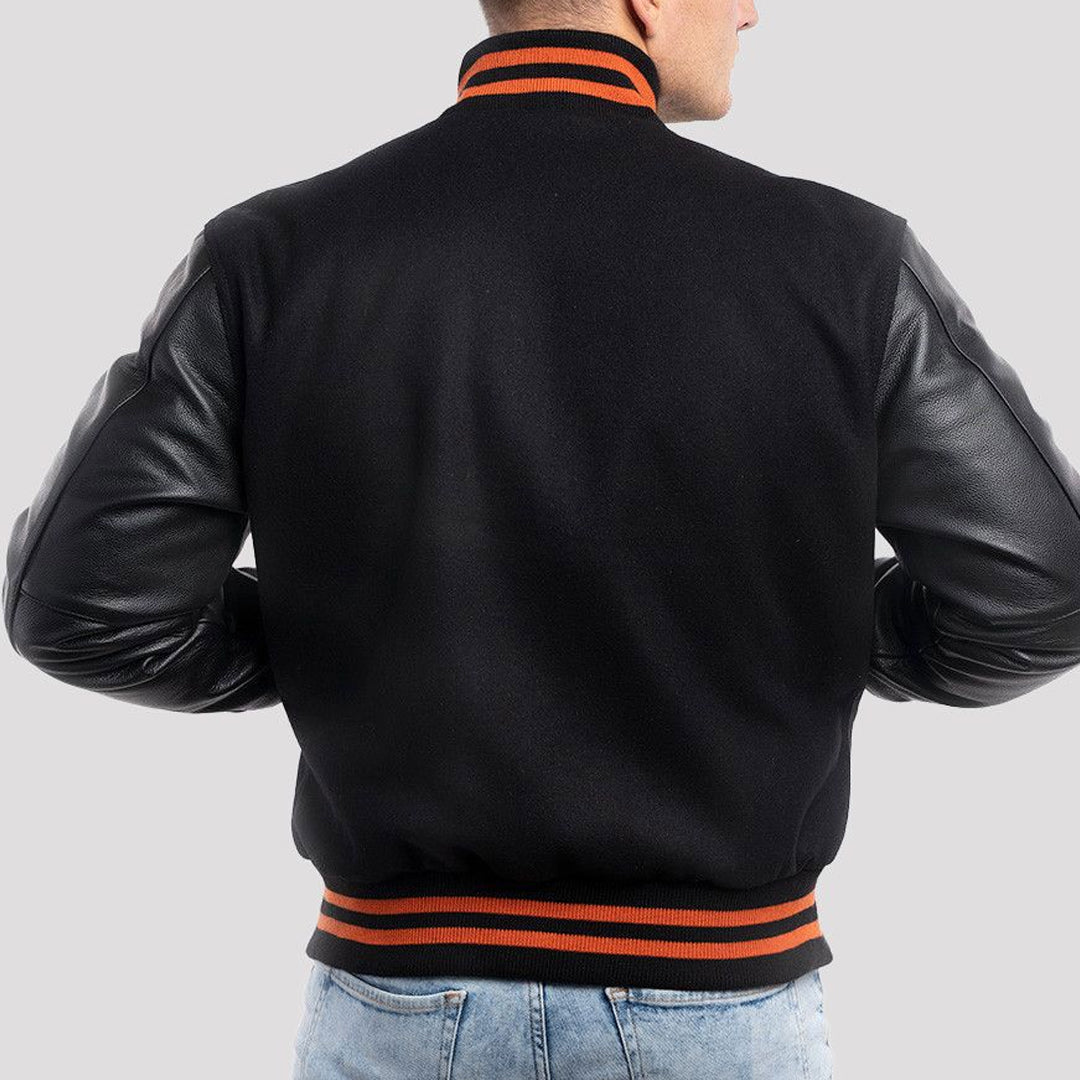 Black Wool Body & Black Leather Sleeves with Orange Stripes Varsity Jacket