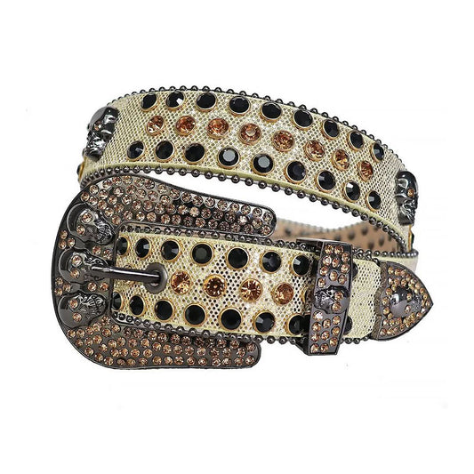 Black and Gold Studs with Beige Strap and Skull Buckles Rhinestone Belt-Belts-The Rhinestone Belts