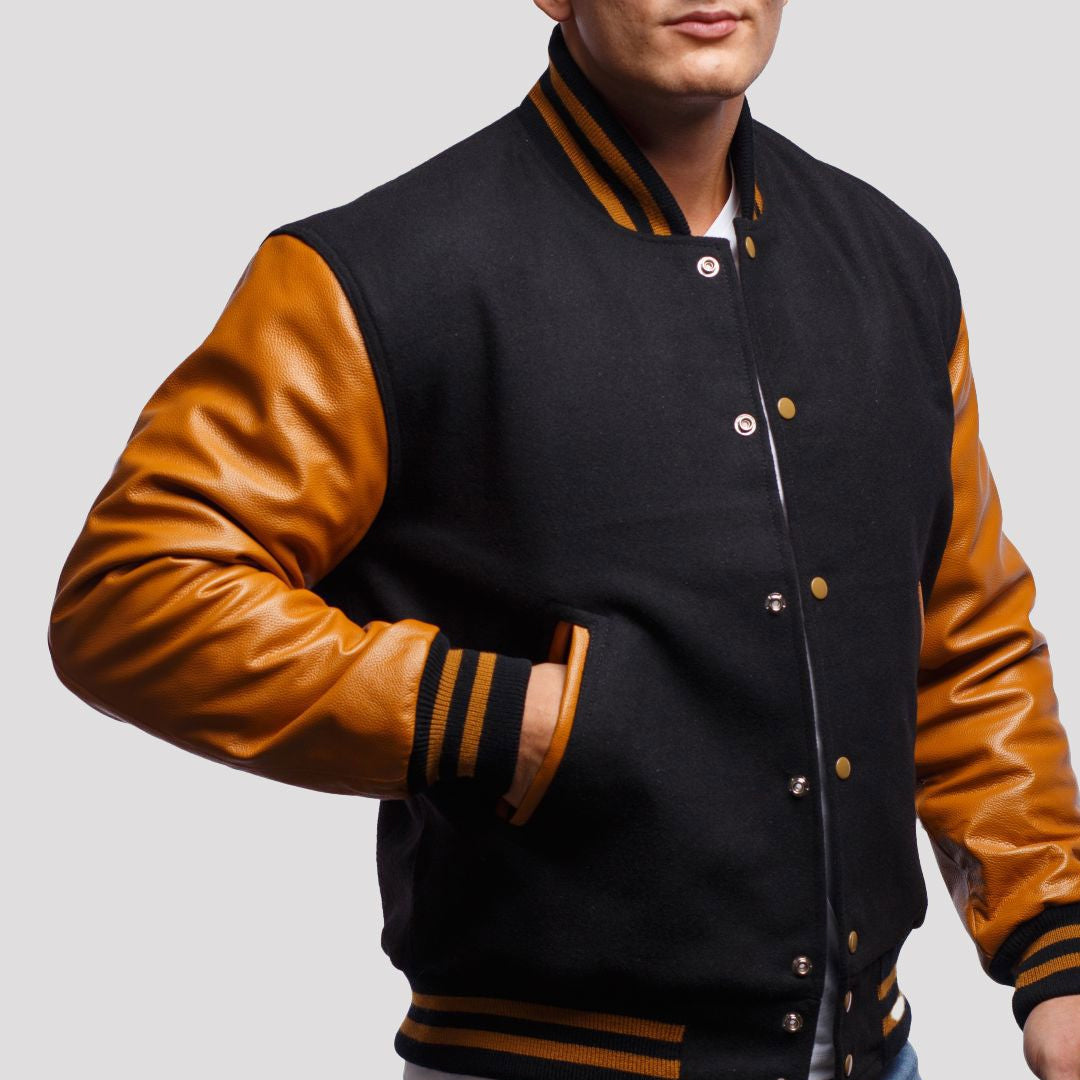 Black Wool Body & Old Gold Leather Sleeves Varsity Jacket