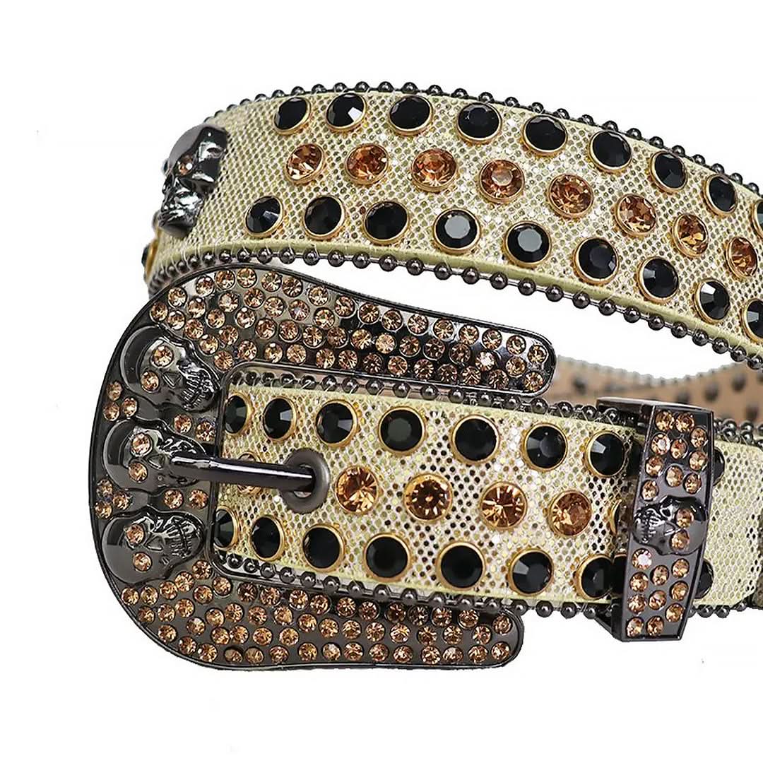 Black and Gold Studs with Beige Strap and Skull Buckles Rhinestone Belt-Belts-The Rhinestone Belts