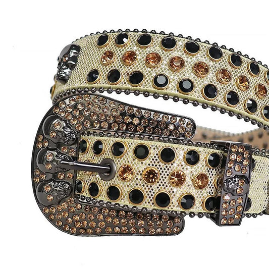 Black and Gold Studs with Beige Strap and Skull Buckles Rhinestone Belt-Belts-The Rhinestone Belts
